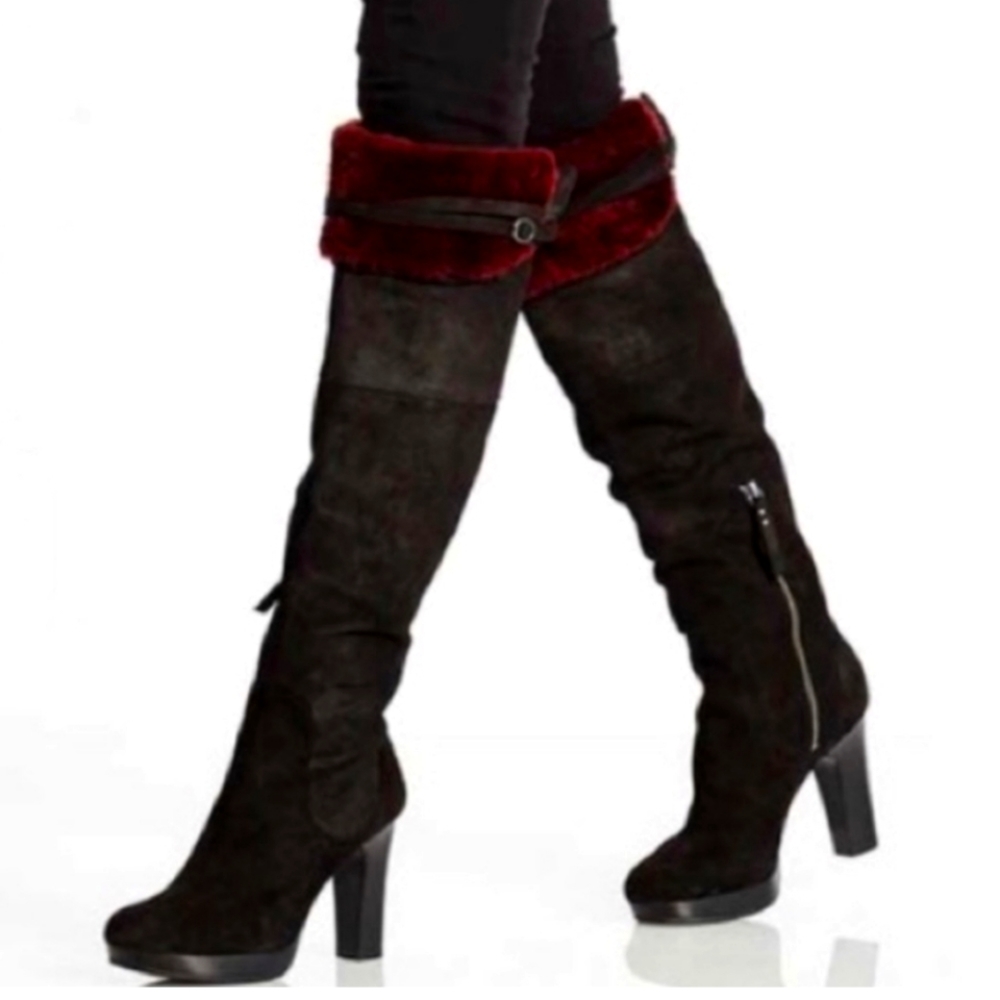 Ugg Ophira Suede Over The Knee Boots Lamb Fur Cuff Designer Heeled Boot #680